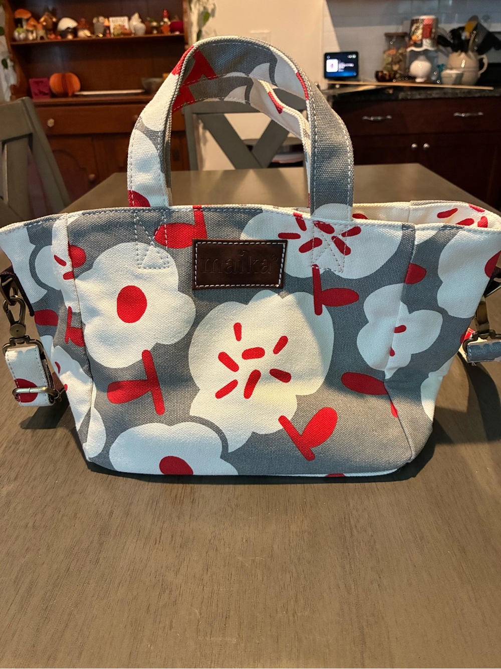 Maika Floral Canvas Tote Bag in Gray and Red